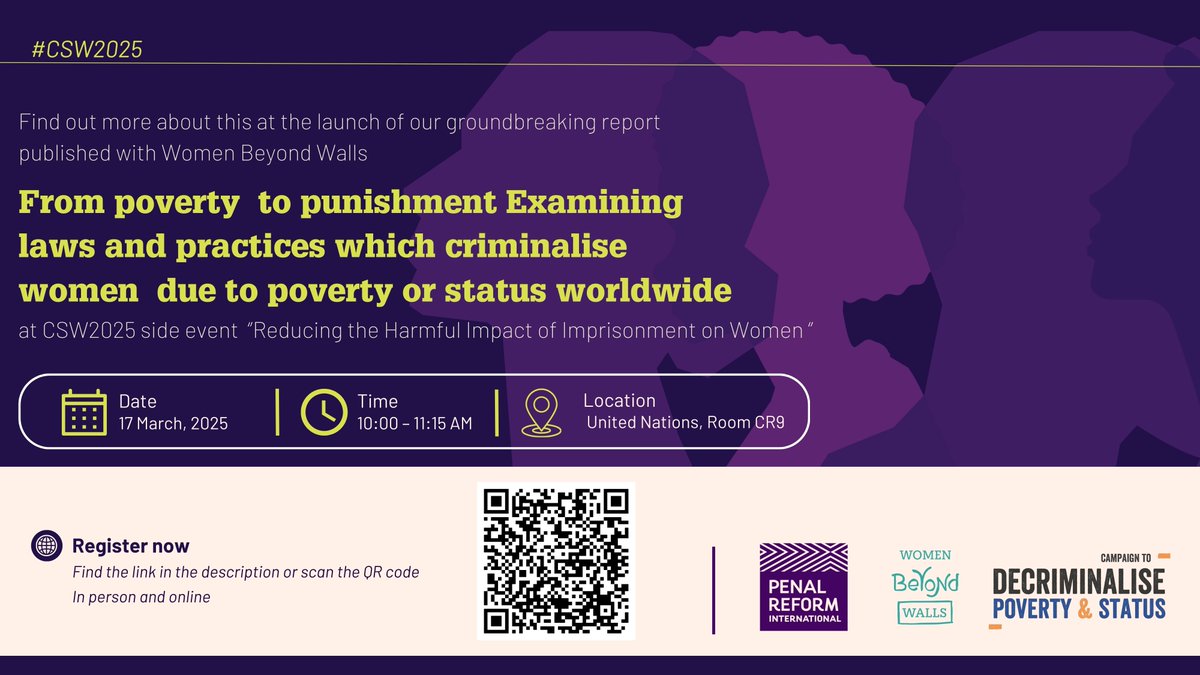 Penal Reform International (PRI) (@penalreformint) on Twitter photo 🚨75% increase in women’s imprisonment since 2000.
Many are criminalised for #poverty, #gender discrimination and survival-related offences.📢Join us at #CSW2025 on 17 March for the launch of our new report with <a href="/womenbeywalls/">Women Beyond Walls</a>. 🔗 Register now: t.ly/Mox0-
#IWD2025 🚨75% increase in women’s imprisonment since 2000.
Many are criminalised for #poverty, #gender discrimination and survival-related offences.📢Join us at #CSW2025 on 17 March for the launch of our new report with <a href="/womenbeywalls/">Women Beyond Walls</a>. 🔗 Register now: t.ly/Mox0-
#IWD2025