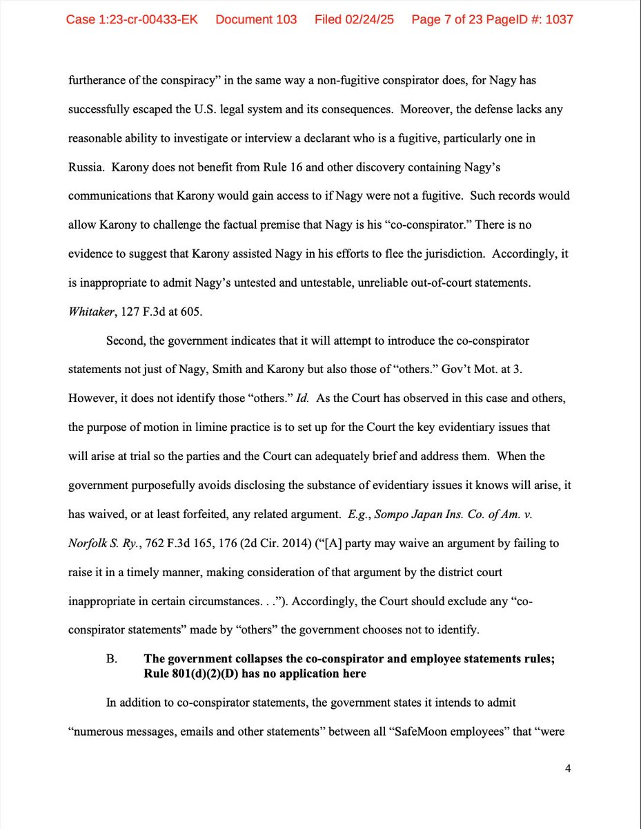 SafeMoonArchive's tweet image. Karony’s Counsel Exposed Glaring Inconsistencies in their Opposition to the Government’s Motion in Limine—these documents lay it bare.

Trials are meant to uncover truth through opposing arguments, yet the government hides info behind Karony’s Nov. 1, 2023 arrest for securities…