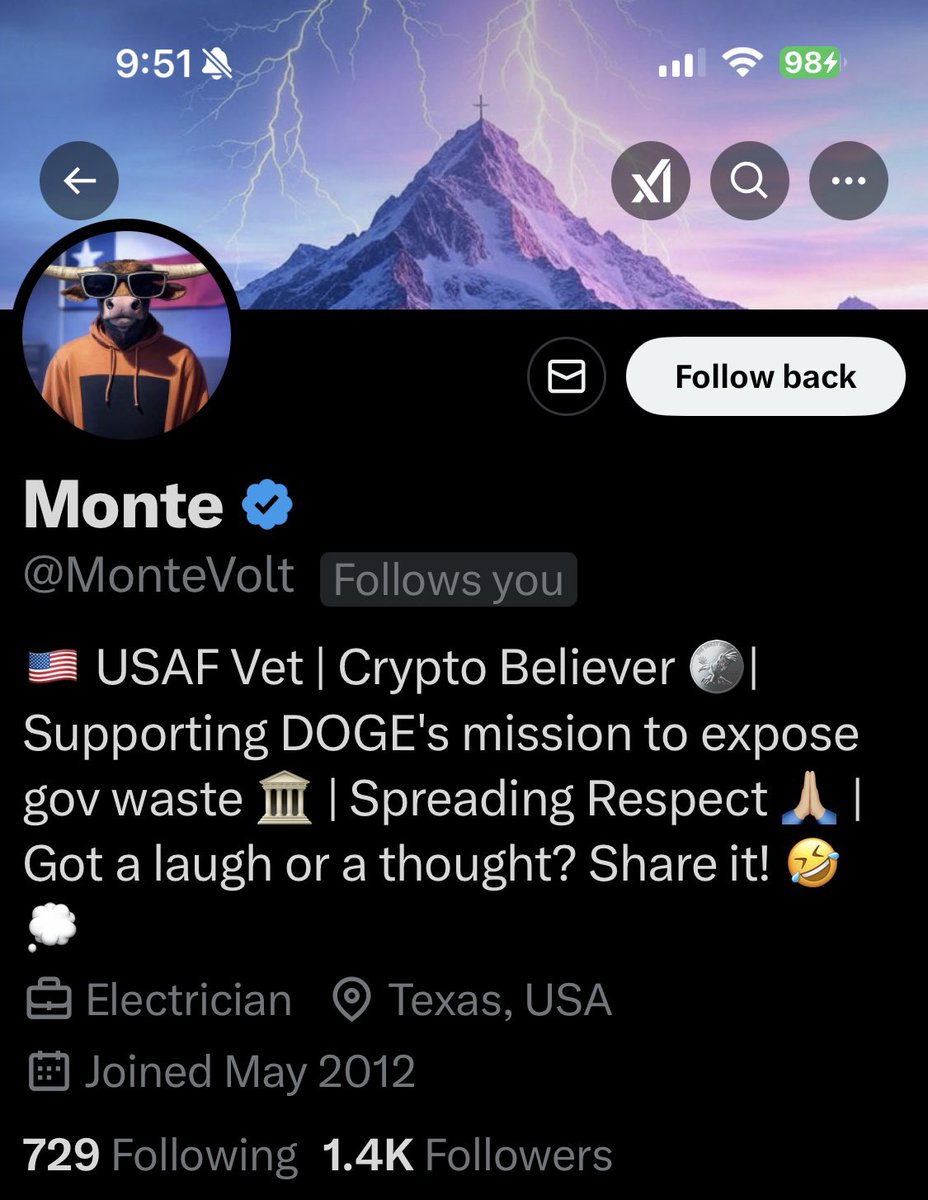 Please give <a href="/MonteVolt/">Monte</a> a follow and a repost or shoutout to show our gratitude for his service.

USAF Veteran

Thank you for your service.  We appreciate you.

*These shoutouts are unsolicited and a show of gratitude and respect and are not a request for a follow back.    They
