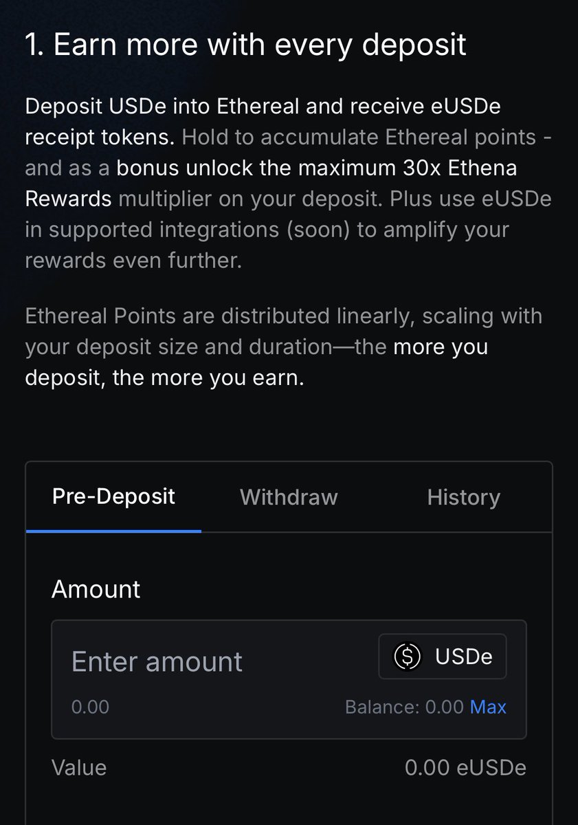 Next Hyperliquid ?? 

💎 Early Stage , Pre Deposit #Ethereal 
By <a href="/ethena/"></a> 

Simple Step : 
Swap Usdt or Usdc —> #Usde 
On app.ethena.fi/join/1wlrc 

After That , Deposit ⤵️
deposit.ethereal.trade/points?ref=N35… 

Last Pic : Done ✅ 
( more deposit , more earn ) 

if you miss hyperliquid,