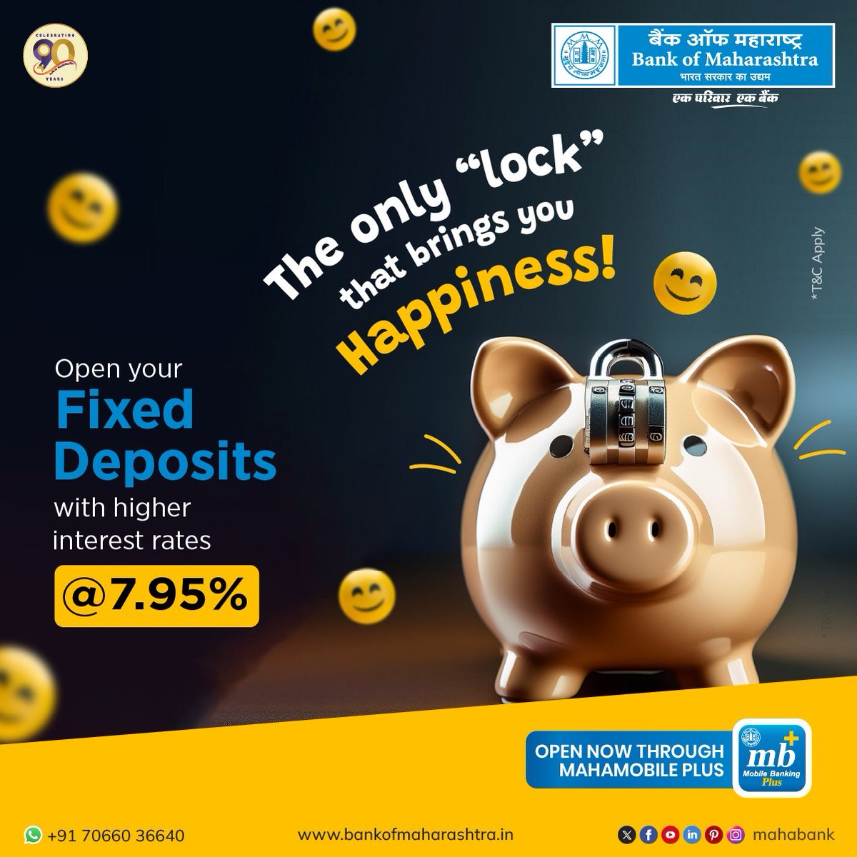 mahabank's tweet photo. Lock in happiness with higher returns! Secure your future with #BankofMaharashtra's #FixedDeposits at an attractive 7.95% interest rate. Open now through #MahaMobilePlus for a seamless experience!

To register digitally click https://t.co/zkfxMSMhzZ

#TermDeposits #EarnBigwithBoM https://t.co/r7ZcjbWaCw