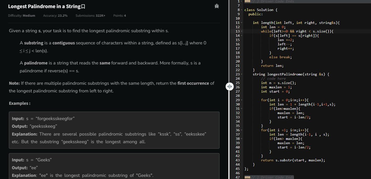 rishavkr206's tweet photo. Day 179✅
@geeksforgeeks
"GfG 160"-160 Days of Problem Solving (Day 114)
#geekstreak2024 #gfg160
Problem = Longest Palindrome in a String
#gfg #100daysofcodechallenge #dsa #CodingChallenge #probemSolving #100DaysOfCode #100dayschallenge #WorkHard https://t.co/VNqgCprfz6