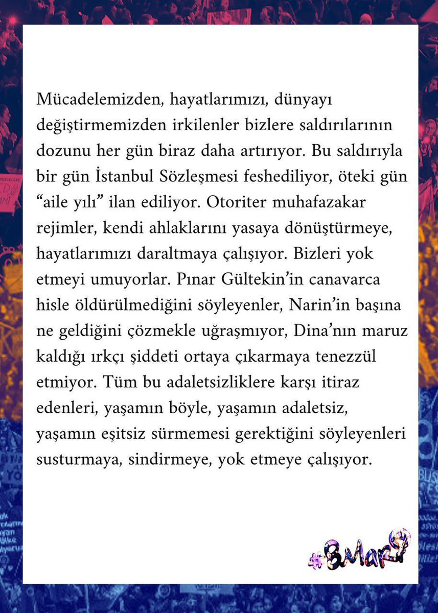 8MartYuruyus's tweet photo. 23. 8 Mart #FeministGeceYürüyüşü’müzün basın metni okundu ✌🏼 Tam metin 👇🏼 https://t.co/ugc5KBN2KW