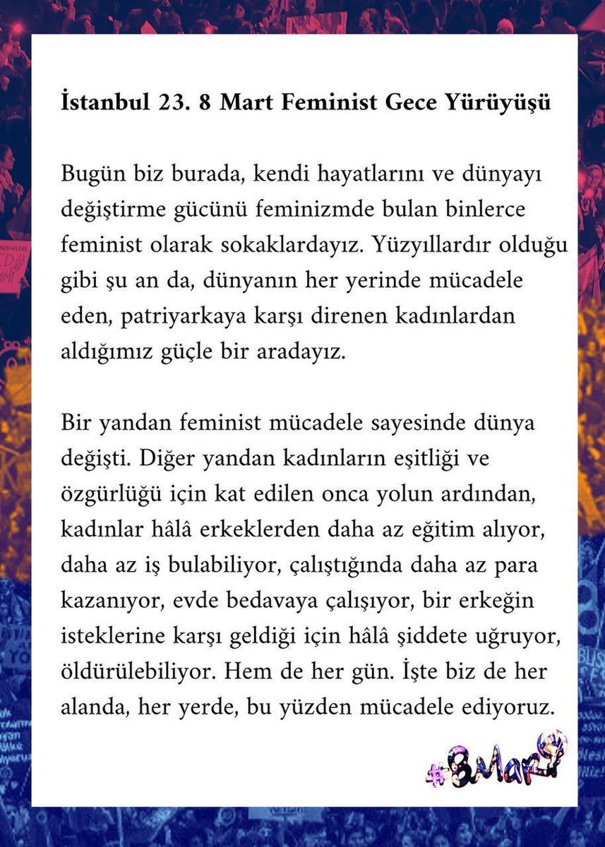 8MartYuruyus's tweet photo. 23. 8 Mart #FeministGeceYürüyüşü’müzün basın metni okundu ✌🏼 Tam metin 👇🏼 https://t.co/ugc5KBN2KW