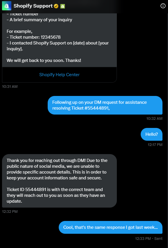 Bookmarksretail's tweet photo. @ShopifySupport @Shopify @tobi Asking to take it to DM to tell me "Well get to it when we get to it" No one has reached out, no progress toward resolution. sigh. Who can I tag to get help? https://t.co/hIhZNFfWwP
