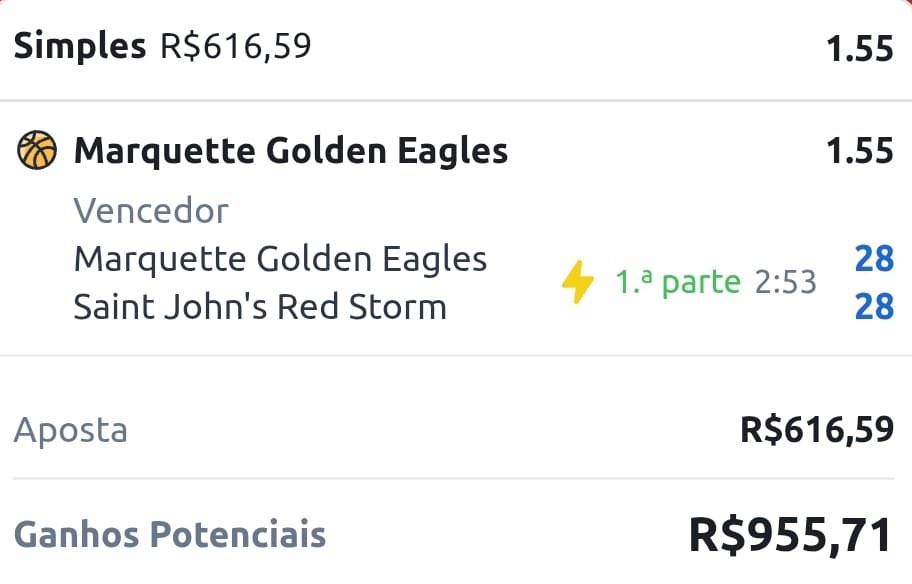 LevinhoTips's tweet image. 🪜R$25 ➡️ R$ 1000🪜

5ª Etapa - AO VIVO 💎 
-&amp;gt;Marquette Golden Eagles Vencer🏀

R$25 ➡️ R$51,63 ✅️
R$51,63 ➡️ R$87,89 ✅️
R$87,89➡️ R$440,42 ✅️
R$440,42➡️R$616,59✅
R$616,59➡️R$955,71⏳