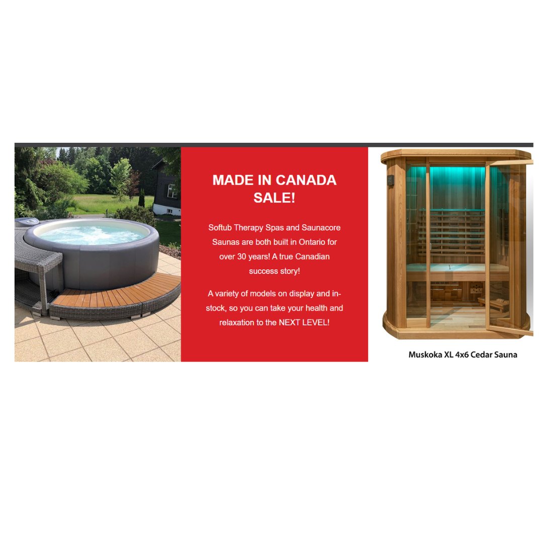 Made in Canada Sale!
Softub Therapy Spas and Saunacore Saunas are both built in Ontario for over 30 years! A true Canadian success story! A variety of models on display and in stock, so you can take your health and relaxation to the Next Level!