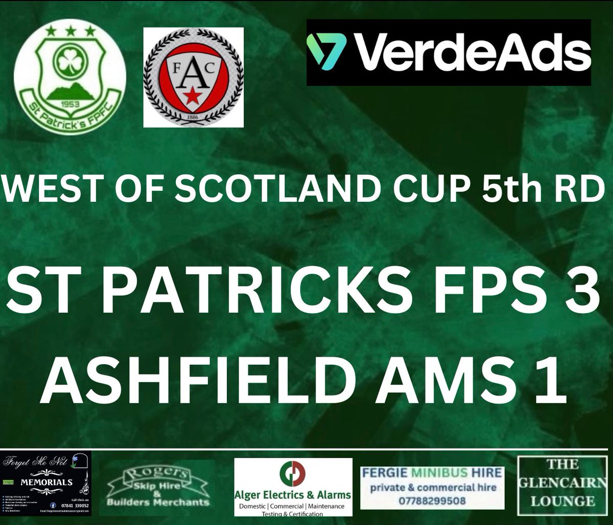 St Patrick's FP FC (@stpatricksfpfc) on Twitter photo 🟢⚪️ West of Scotland Cup Result ⚪️🟢
Saints progressed into the 1/4 final of The West of Scotland cup with a 3-1 victory over Ashfield Amateurs . Goals from Lewis Lobban, <a href="/reece_beaton/">Reece Beaton</a> and <a href="/ParferyArran/">Arran Parfery</a> sealed the victory. Best of luck to @AshfieldAms for the rest of the season 🟢⚪️ West of Scotland Cup Result ⚪️🟢
Saints progressed into the 1/4 final of The West of Scotland cup with a 3-1 victory over Ashfield Amateurs . Goals from Lewis Lobban, <a href="/reece_beaton/">Reece Beaton</a> and <a href="/ParferyArran/">Arran Parfery</a> sealed the victory. Best of luck to @AshfieldAms for the rest of the season