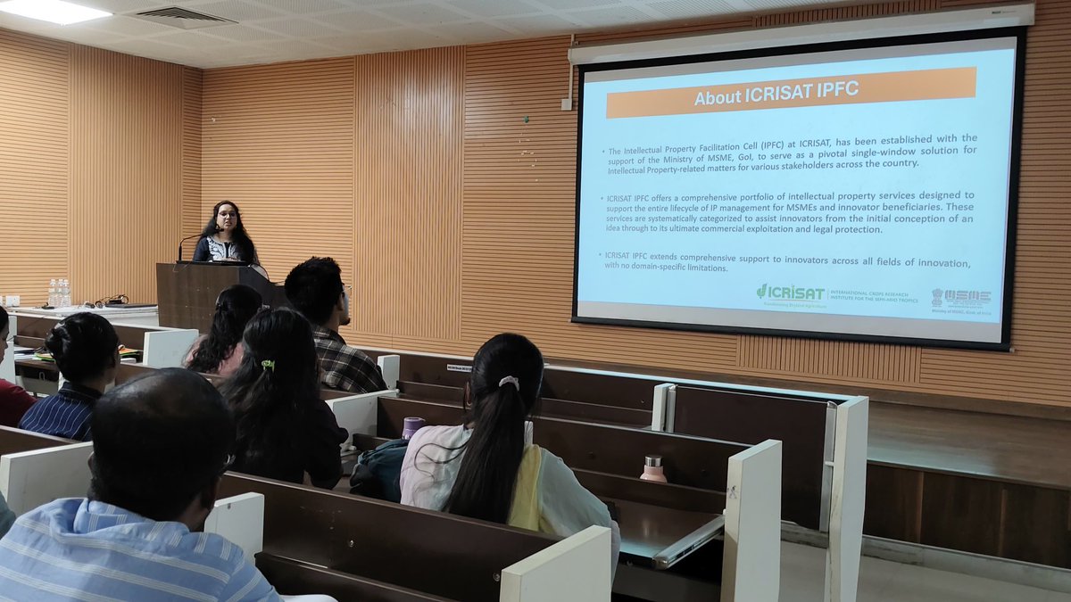 tripathisuryama's tweet photo. ICRISAT’s IP Facilitation Cell (IPFC) conducted an IPR awareness session at NIPER Guwahati, engaging 150 participants on 7 March 2025.
IP basics & free filing benefits supported by M/O. MSME, Govt of India
#ICRISAT #IPFC #IPRAwareness #MSME #Innovation #Startups" https://t.co/3guJdOfqAk