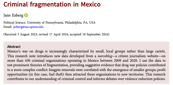 PSRMJournal's tweet photo. 🇲🇽Mexico's war on drugs is characterized by small, local groups rather than large cartels.

➡️Using a new dataset, @JaneEsberg shows that traditional drug war strategies, like kingpin removals, are correlated with the emergence of smaller groups https://t.co/cWlOoDnl8d #FirstView https://t.co/f1F0usEidz
