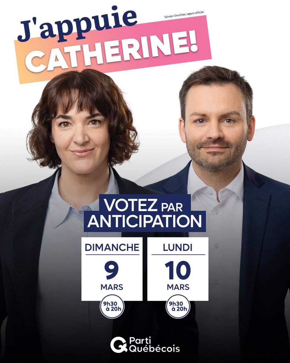 Parti Québécois (@partiquebecois) on Twitter photo 📢 Terrebonne! Le vote par anticipation commence demain.
Votez dès demain pour <a href="/cathgentilcore/">Catherine Gentilcore</a> afin d’élire une 5e députée rigoureuse et intègre et libre de vous défendre, contrairement à un 87e député de la CAQ.
Besoin d’informations supplémentaires ou d’un transport? 📢 Terrebonne! Le vote par anticipation commence demain.
Votez dès demain pour <a href="/cathgentilcore/">Catherine Gentilcore</a> afin d’élire une 5e députée rigoureuse et intègre et libre de vous défendre, contrairement à un 87e député de la CAQ.
Besoin d’informations supplémentaires ou d’un transport?