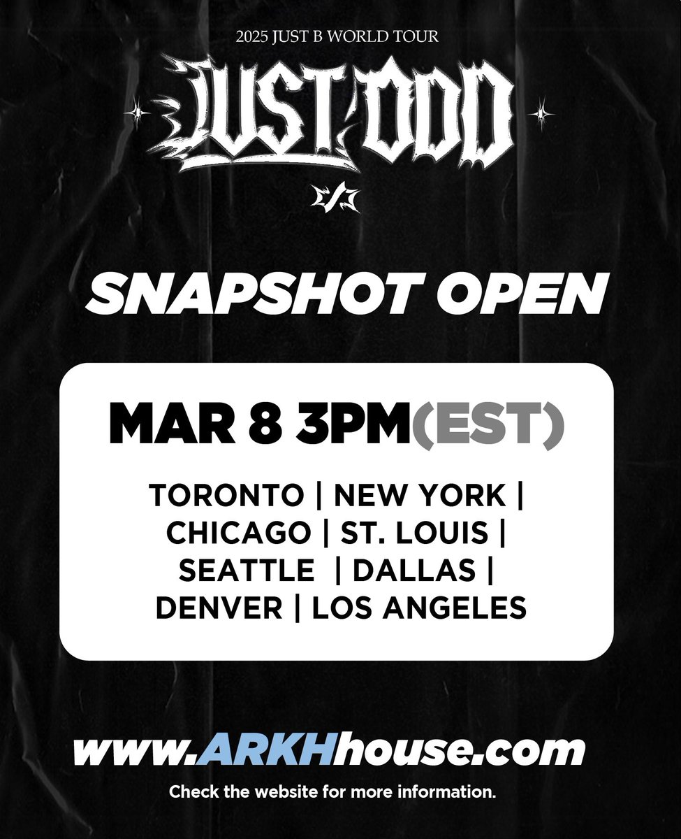 arkh_us's tweet photo. [SNAPTURE TICKET SALE STARTS TODAY AT 3 PM (EST)!] 🎉

Direct Purchase Cities
Toronto 🍁, New York 🗽, Chicago 🌆, St. Louis 🎶, Seattle 🌧️, Dallas 🤠, and LA 🌴 can be purchased directly at arkhhouse starting 3 PM (EST) ⏰

#SnaptureTicketSale #ONLYB #JUSTB #JUSTODDWorldTour2025 #DirectPurchase #ArkHouse #Toronto #NewYork #Chicago #StLouis #Seattle #Dallas #LA