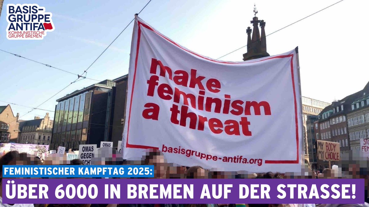 Mindestes 6000 Menschen sind heute anlässlich des feministischen Kampftages in #Bremen auf die Straße gegangen. Aufgerufen zur Demonstration hatte das 8. März Bündnis, ein Zusammenschluss verschiedener Gruppen, (1/7)