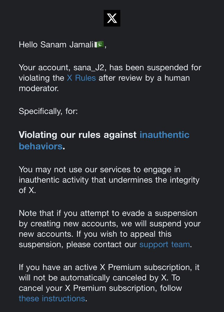 Sanam Jamali’s (<a href="/sana_J2/">Sanam Jamali🇵🇰</a>) premium X account was banned, labeled a bot for "inauthentic behavior," and her appeal got dismissed automatically. <a href="/elonmusk/">Elon Musk</a>, could you investigate and reinstate her real account?