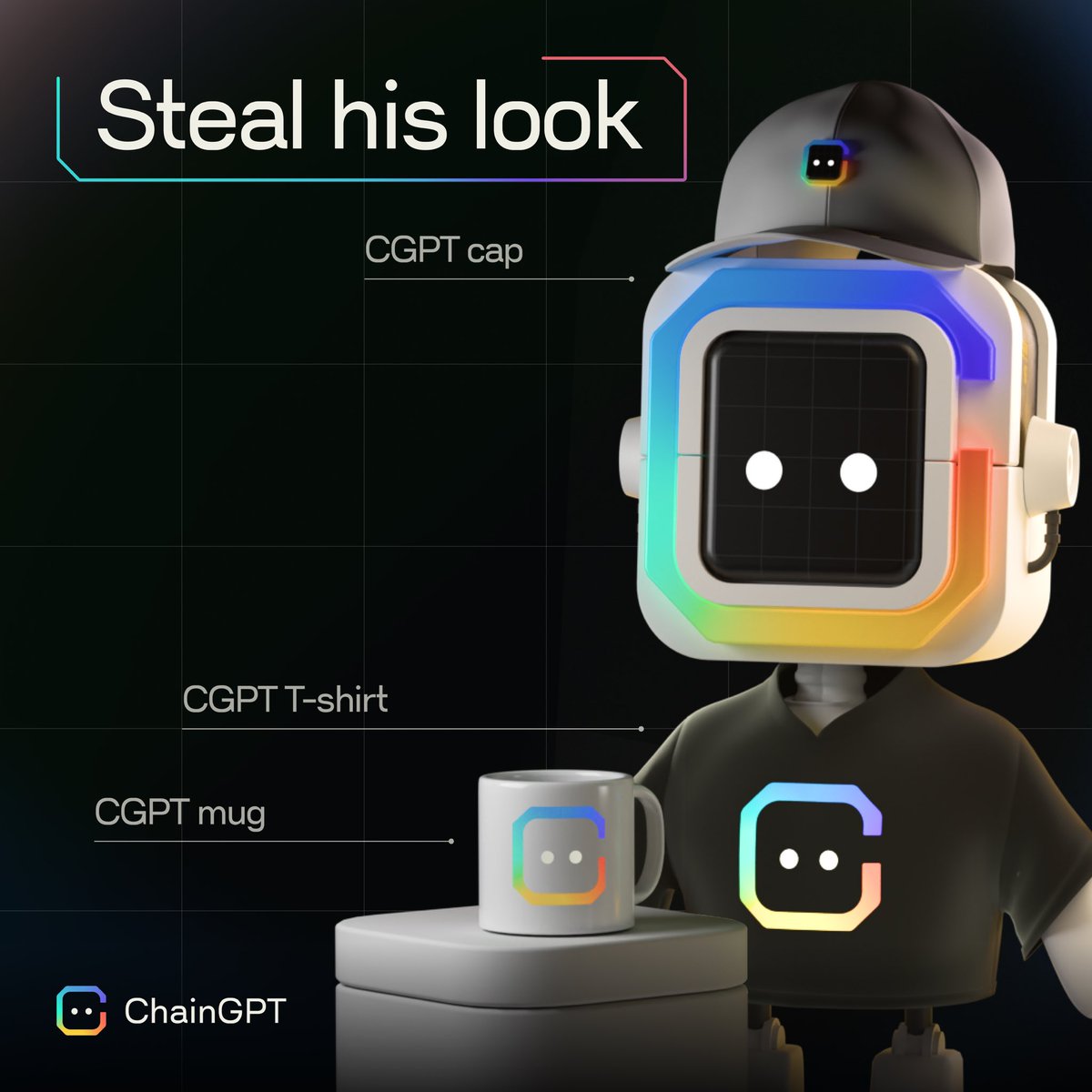 Chain_GPT's tweet image. Mr. Robotson just dropped the ultimate fit, and you can “totally” steal his look. 🤖🔥 

From tees to hoodies to accessories, rep the ChainGPT vibe in style. 

Just don’t tell him we told you. 🤫 

Get the drip ➡️ shop.chaingpt.org