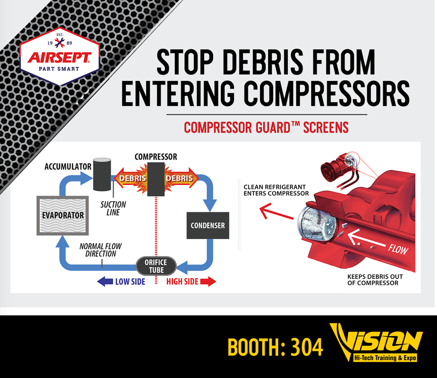 PROTECT YOUR COMPRESSOR REPAIRS - Compressor Guard™ Filters catch debris that flushing misses! 
Visit us at <a href="/visionkc/">VISION HiTech</a>  Booth# 304

#Compressor #Compressorrepair #autolinerepair #autoACrepair #Airsept #MOTORTOP20 #AftermarketAutoSuppliers #TechniciansChoice #AutoACTechnicians