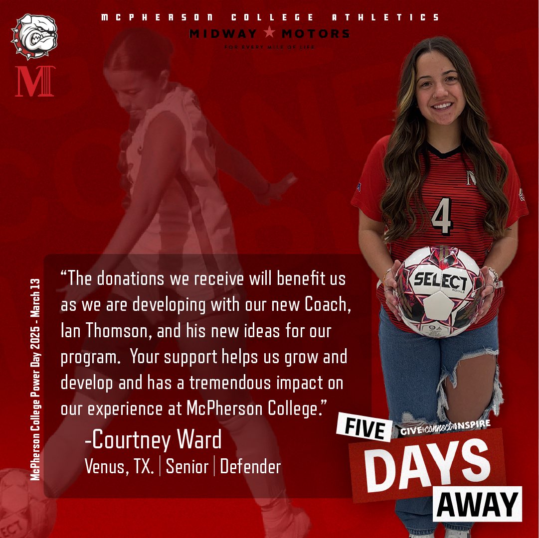 We’re just FIVE DAYS AWAY FROM #PowerDay2025! Donations from you can be a big help to Bulldogs like Women’s Soccer’s Courtney Ward as her team enters a new era under new Head Coach Ian Thomson!

Thank you to Midway Motors for their $25,000 Power Day Matching Gift!

#BulldogPride