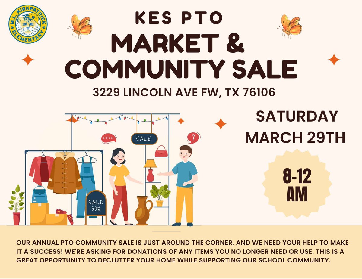 Milton Kirkpatrick Elementary School (@kirkpatrickes) on Twitter photo Come visit us and be part of our community Garage sale!! Vengan a visitarnos y ser parte de nuestra venta de garage comunitario!!! <a href="/FortWorthISD/">Fort Worth Independent School District</a> <a href="/dbenavidez2/">Dorene Benavidez, PhD</a> <a href="/bchkelley/">Dr. Christine Kelley</a> <a href="/AraceliES/">AEspinoza</a> Come visit us and be part of our community Garage sale!! Vengan a visitarnos y ser parte de nuestra venta de garage comunitario!!! <a href="/FortWorthISD/">Fort Worth Independent School District</a> <a href="/dbenavidez2/">Dorene Benavidez, PhD</a> <a href="/bchkelley/">Dr. Christine Kelley</a> <a href="/AraceliES/">AEspinoza</a>