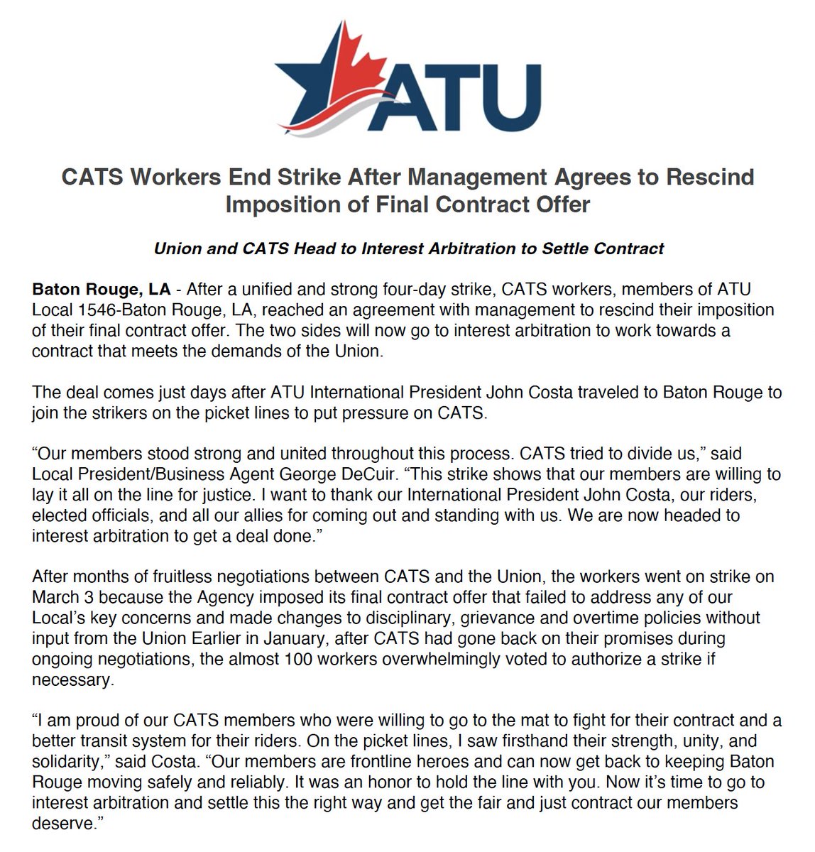 ATUComm's tweet image. Congratulations  to our Local 1546-Baton Rouge, LA, members on their agreement...on to  interest arbitration to get a strong contract. #ATUStrongerTogether