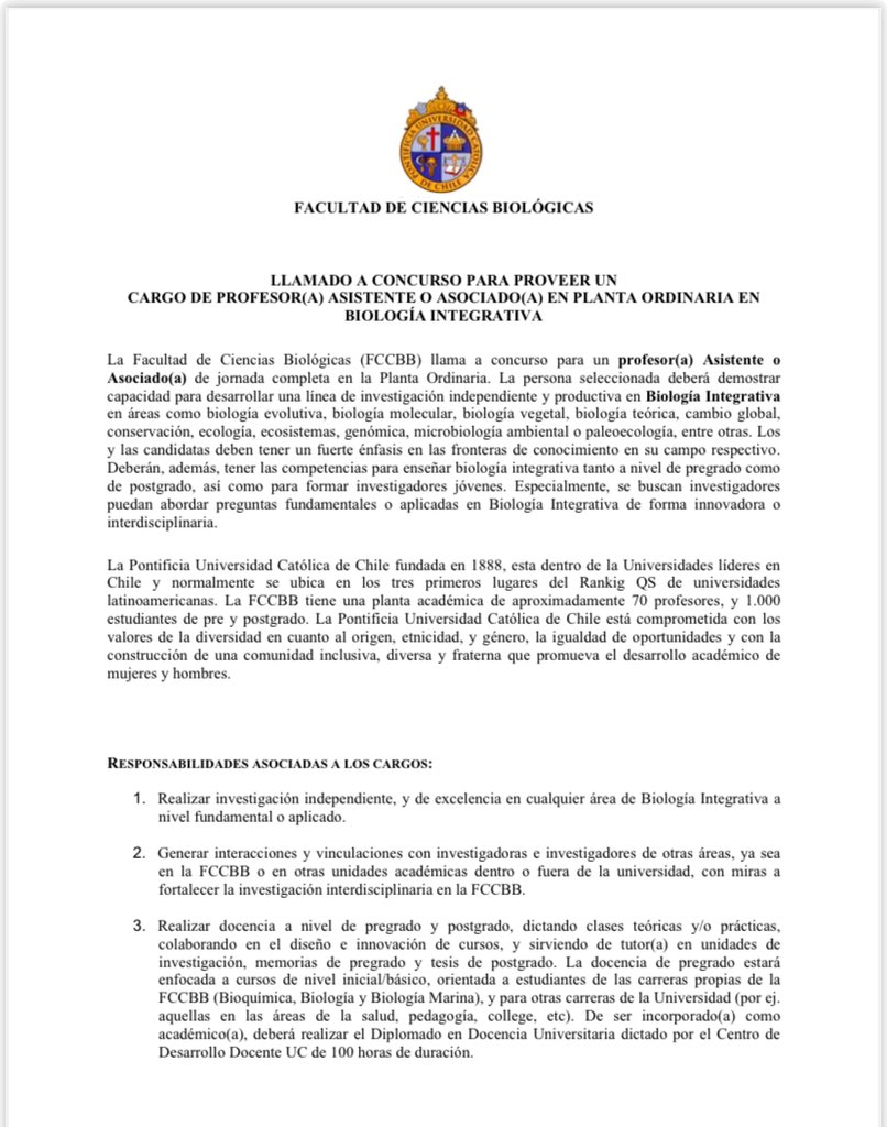 _SBCCh's tweet photo. Llamado a concurso cargo de Profesor/a Asistente o Asociado/a  en Planta Ordinaria en Biología Integrativa, Facultad de Cs. Biológicas, PUC

POSTULACIONES:
Secretaría, Pontificia Universidad Católica de Chile: hfroschz@uc.cl
Hasta el 31 de Marzo
https://t.co/2BbEx0V5eP https://t.co/F1Onlj2RX0
