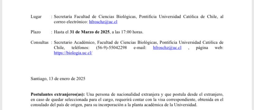 Sociedad de Biología Celular de Chile (SBCCh) (@_sbcch) on Twitter photo Llamado a concurso cargo de Profesor/a Asistente o Asociado/a en Planta Ordinaria en Biología Integrativa, Facultad de Cs. Biológicas, PUC
POSTULACIONES:
Secretaría, Pontificia Universidad Católica de Chile: hfroschz@uc.cl
Hasta el 31 de Marzo
biologia.uc.cl Llamado a concurso cargo de Profesor/a Asistente o Asociado/a en Planta Ordinaria en Biología Integrativa, Facultad de Cs. Biológicas, PUC
POSTULACIONES:
Secretaría, Pontificia Universidad Católica de Chile: hfroschz@uc.cl
Hasta el 31 de Marzo
biologia.uc.cl