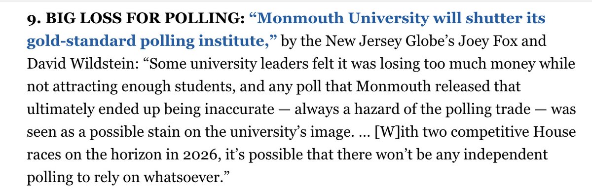 Rasmussen_Poll's tweet image. Politico on Monmouth - BIG LOSS FOR POLLING

"and any poll that Monmouth released that ultimately ended up being  inaccurate — always a hazard of the polling trade — was seen as a  possible stain on the university’s image" 

politi.co/3FnBRRe