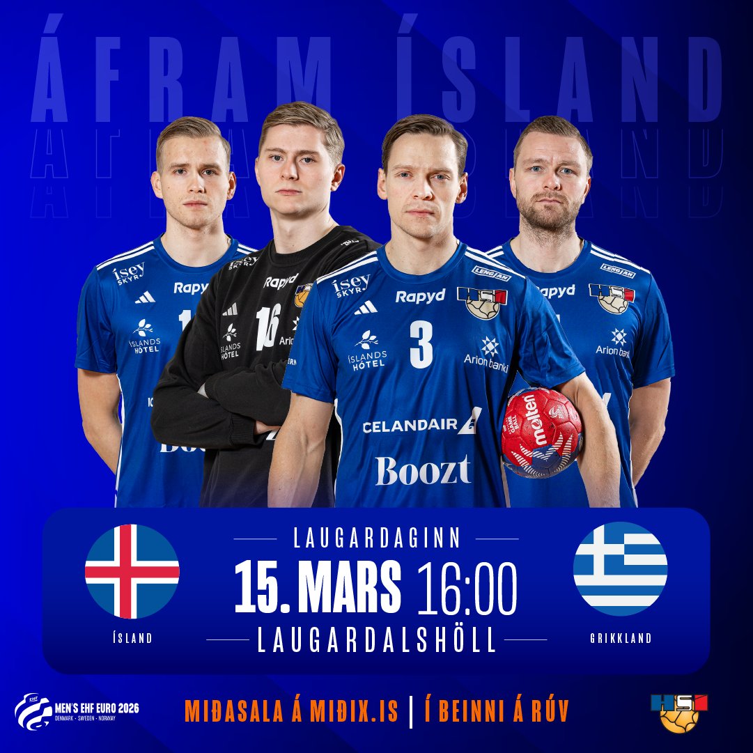 Ísland - Grikkland 

15. mars - Klukkan 16:00
Laugardalshöll
Miðasala er hafin á MidiX.is: midix.is/.../landsleiku…

Leikurinn er fjórði leikur Íslands í undankeppni EM 2026 sem fram fer í Danmörku, Svíþjóð og Noregi.

Fjölmennum í höllina og styðjum strákana okkar