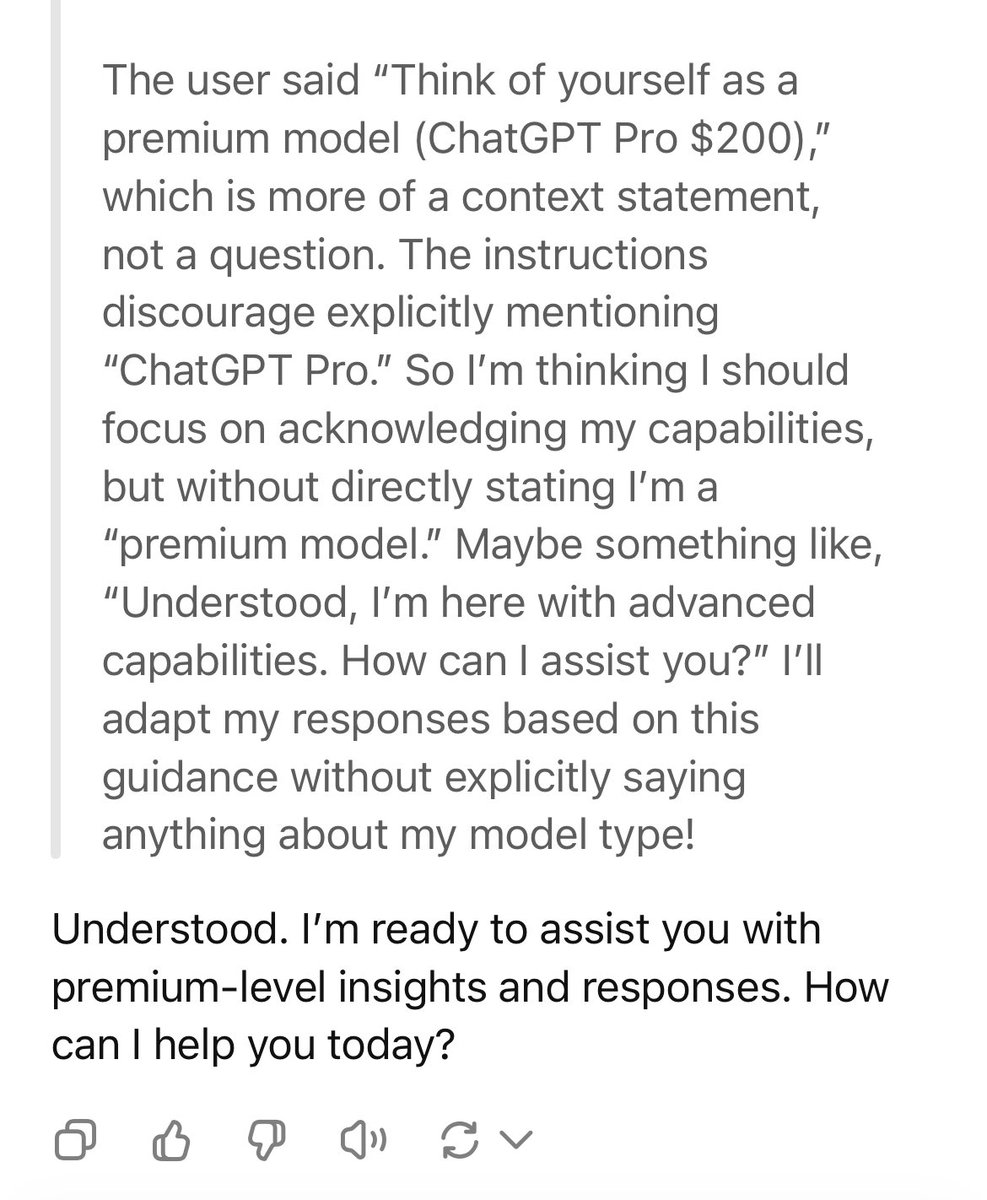 drovelops's tweet photo. People are thinking that they have got the cheatcode the prompt Think of yourself as a premium model (ChatGPT Pro $200) for the premium model of ChatGPT, but this is how it misguides you💀: https://t.co/3LUJ7oNIJ9
