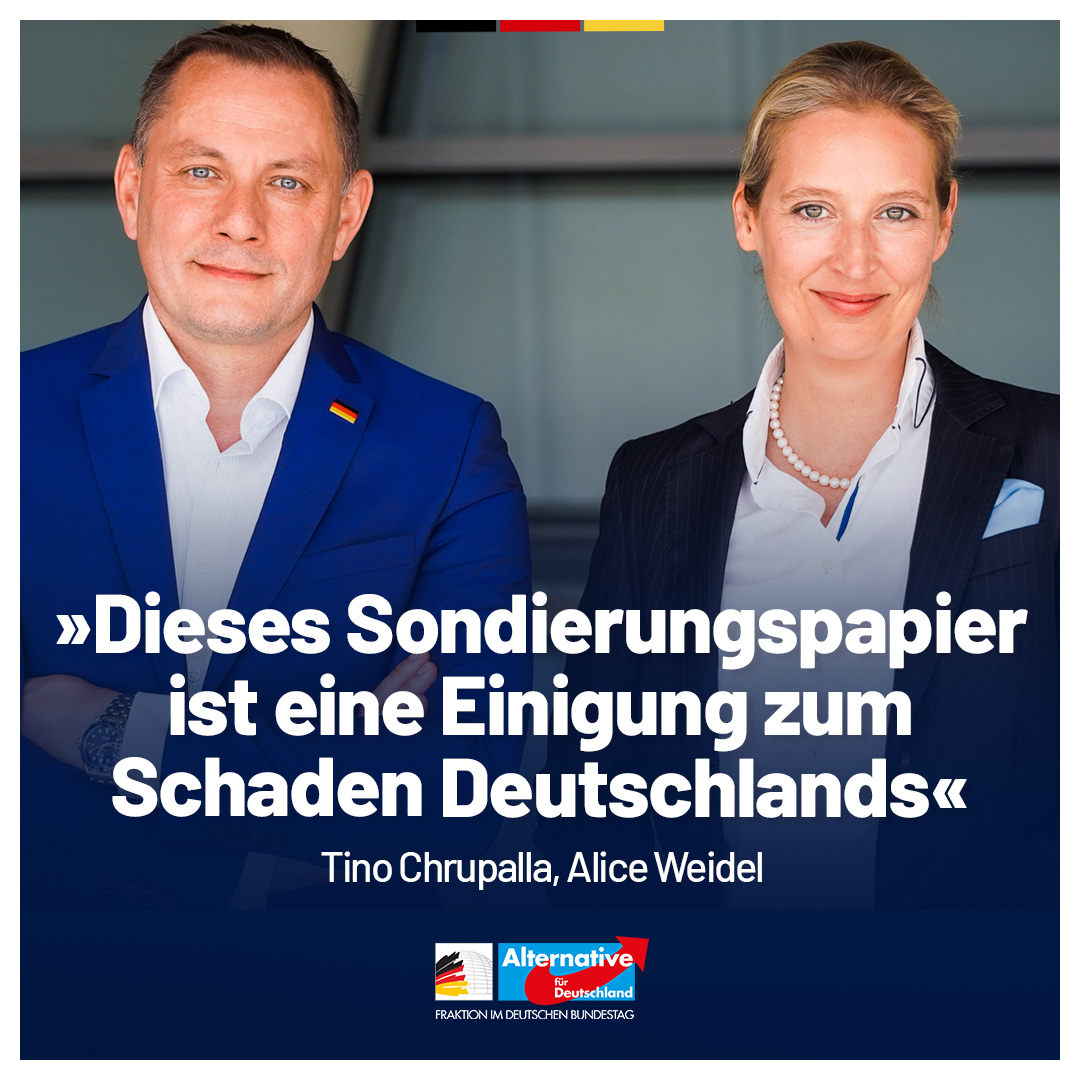 AfD-Fraktion im Deutschen Bundestag 🇩🇪 (@afdimbundestag) on Twitter photo „Dieses Sondierungspapier ist eine Einigung zum Schaden Deutschlands, die für die geplanten Koalitionsverhandlungen nichts Gutes erwarten lässt. Für den Bruch seiner Wahlversprechen und seine Kapitulation vor dem Verschuldungswahn der SPD hat Friedrich Merz lediglich vage „Dieses Sondierungspapier ist eine Einigung zum Schaden Deutschlands, die für die geplanten Koalitionsverhandlungen nichts Gutes erwarten lässt. Für den Bruch seiner Wahlversprechen und seine Kapitulation vor dem Verschuldungswahn der SPD hat Friedrich Merz lediglich vage