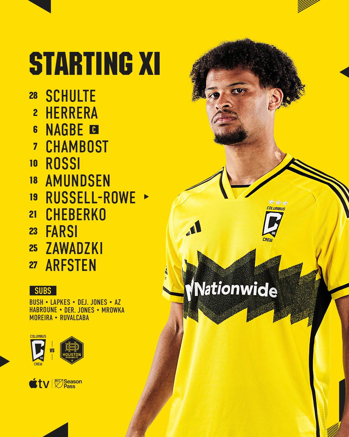 Columbus Crew Starting XI vs. Houston Dynamo FC: 28 Schulte, 2 Herrera, 6 Nagbe (C), 7 Chambost, 10 Rossi, 18 Amundsen, 19 Russell-Rowe, 21 Cheberko, 23 Farsi, 25 Zawadzki, 27 Arfsten, Subs: Bush, Lapkes, Dej. Jones, AZ, Habroune, Der. Jones, Mrowka, Moreira, Ruvalcaba.