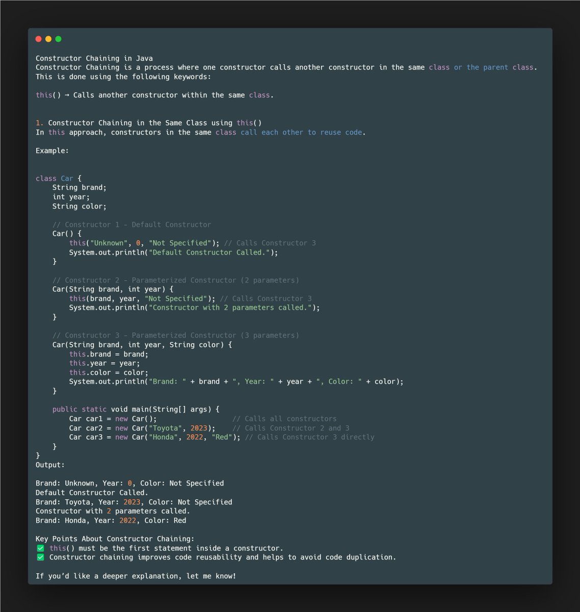 Constructor Chaining in Java
 #ayshriv #java #oops 

Constructor Chaining is a process where one constructor calls another constructor in the same class or the parent class. This is done using the following keywords:

this() → Calls another constructor within the same class.