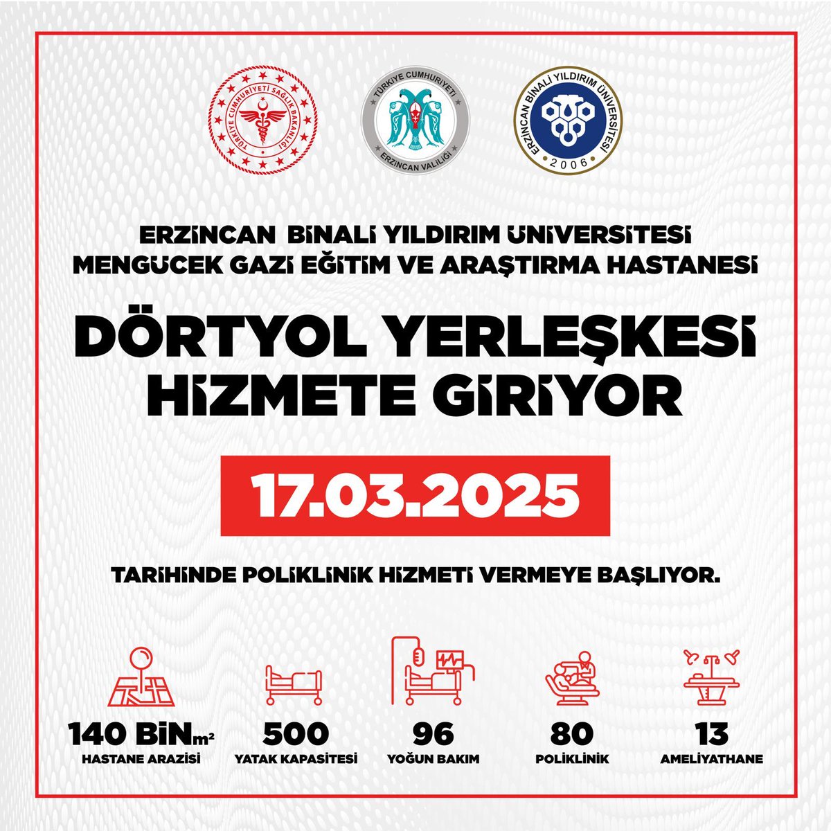 ervalilik's tweet photo. Kıymetli Hemşehrilerimiz

Erzincan Binali Yıldırım Üniversitesi Mengücek Gazi Eğitim ve Araştırma Hastanesi Dörtyol Yerleşkesi 17 Mart 2025 tarihinde poliklinik hizmeti vermeye başlıyor. https://t.co/i8ZBdB0lZL