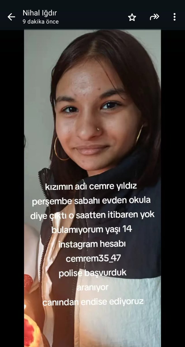 İyi geceler ,
Öğretmen arkadaşımın öğrencisi Perşembe gününden beri kayıp elden ele iletirsek sevinirim hadi canlar kızımız bulunur inşaallah