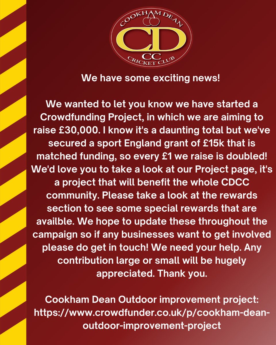 Exciting new project at CDCC! 

Here's the link for the full details - 
crowdfunder.co.uk/p/cookham-dean…

Any support is greatly appreciated 🙏

#Cricket #NewProject #Berkshire #CookhamDean #SupportLocal #SupportNeeded

🔗