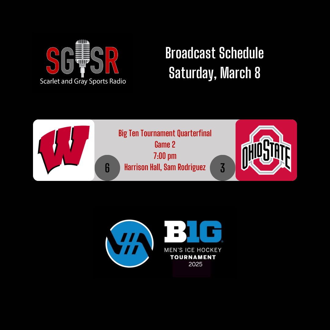 Scarlet & Gray Sports Radio (@sgsr_osu) on Twitter photo Conference tournament action continues today on SGSR with <a href="/OhioStateWBB/">Ohio State Women’s Basketball</a> taking on UCLA in the Big Ten semifinal and <a href="/OhioStateMHKY/">Ohio State Men's Hockey</a> in game 2 of their Big Ten quarterfinal series! Conference tournament action continues today on SGSR with <a href="/OhioStateWBB/">Ohio State Women’s Basketball</a> taking on UCLA in the Big Ten semifinal and <a href="/OhioStateMHKY/">Ohio State Men's Hockey</a> in game 2 of their Big Ten quarterfinal series!
