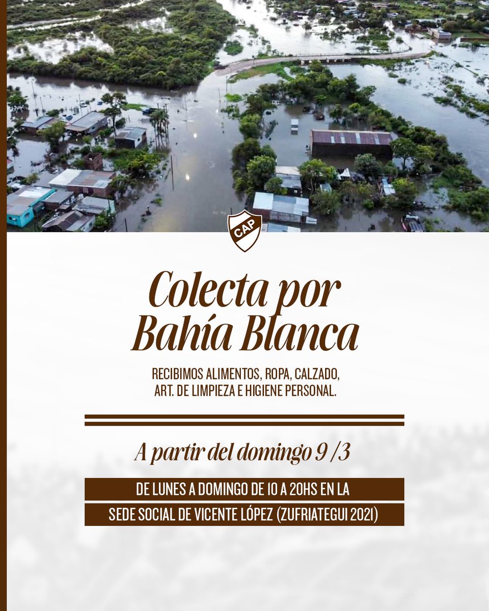 COLECTA POR BAHÍA BLANCA 🫂

➡️ Deste este domingo 9 de marzo recibimos donaciones para los afectados por las inundaciones en dicha ciudad. 

📌Acercá tu donación a nuestra de social de Vicente López (Zufriategui 2021) 

#SiemprePlatense🤎