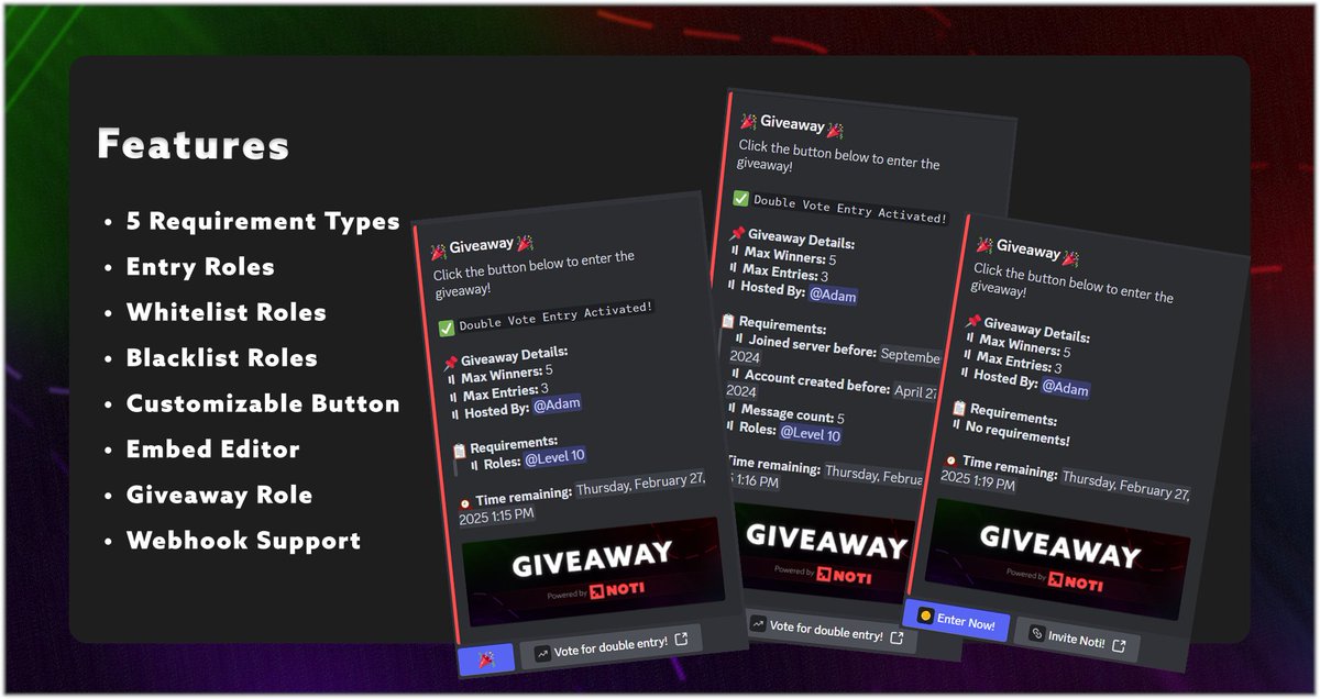 Giveaways are now live on Noti! 🎉🎟️ 

✅ Giveaway role &amp; entry limits
✅ Custom winner amounts &amp; entry requirements
✅ Blacklists, whitelists &amp; bypass roles
✅ Emoji customization &amp; stacked entries
✅ Full embed editor &amp; delayed starts