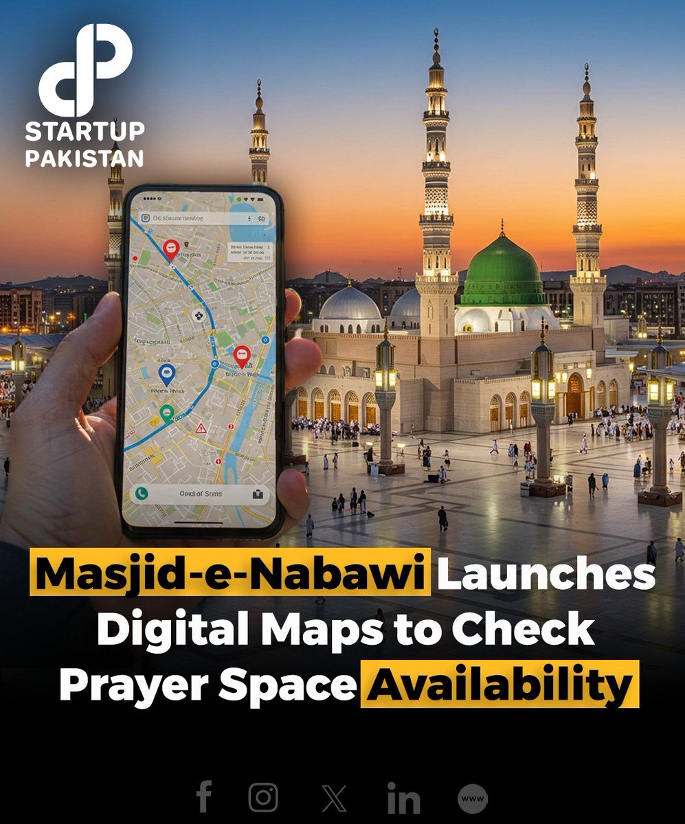 PakStartup's tweet photo. The administration of the Prophet's Mosque (PBUH) in Saudi Arabia has introduced a significant convenience for worshippers. 

#ProphetsMosque #Ramadan2025 #DigitalMaps #PilgrimConvenience #SaudiArabia https://t.co/WbEcbdYWjW