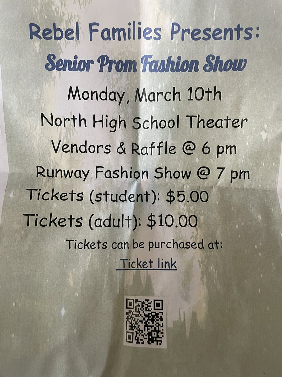 PROM FASHION SHOW!!!
Be there to watch our seniors rock the runway👔👗
<a href="/6/">Adrián Lamo</a> pm Monday March 10th @north
PURCHASE TICKETS ONLINE OR THROUGH QR CODE!!

checkout.square.site/merchant/MLCMC…