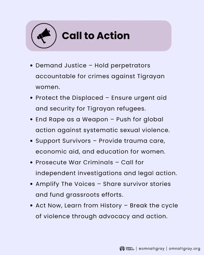ማርታ ትግራወይቲ❤️ (@weyiz21) on Twitter photo Act now. The time for accountability is long overdue. Hold perpetrators accountable, ensure the safety and dignity of refugees, & put an end to the scourge of sexual violence.
#Justice4TigraysWomenAndGirls #IWD2025 <a href="/UNGeneva/">United Nations Geneva</a> <a href="/UN_HRC/">UN Human Rights Council 📌 #HRC59</a> <a href="/UN_Women/">UN Women</a> <a href="/HumanRightsCtte/">UK Parliament Human Rights Committee</a> <a href="/UN/">United Nations</a> <a href="/hrw/">Human Rights Watch</a> <a href="/UN_HRC/">UN Human Rights Council 📌 #HRC59</a> <a href="/UN/">United Nations</a> Act now. The time for accountability is long overdue. Hold perpetrators accountable, ensure the safety and dignity of refugees, & put an end to the scourge of sexual violence.
#Justice4TigraysWomenAndGirls #IWD2025 <a href="/UNGeneva/">United Nations Geneva</a> <a href="/UN_HRC/">UN Human Rights Council 📌 #HRC59</a> <a href="/UN_Women/">UN Women</a> <a href="/HumanRightsCtte/">UK Parliament Human Rights Committee</a> <a href="/UN/">United Nations</a> <a href="/hrw/">Human Rights Watch</a> <a href="/UN_HRC/">UN Human Rights Council 📌 #HRC59</a> <a href="/UN/">United Nations</a>