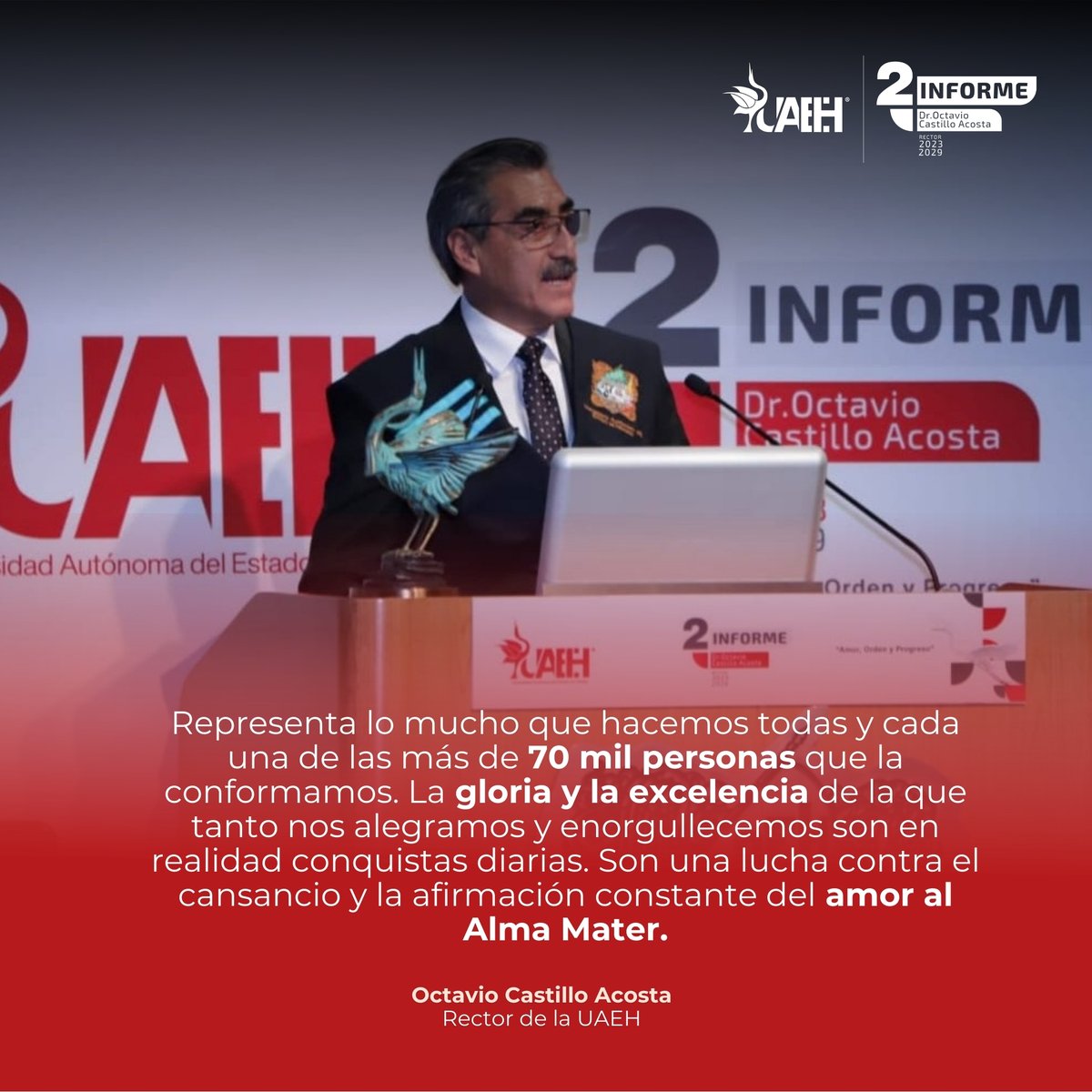 Representa lo mucho que hacemos todas y cada una de las más de 70 mil personas que la conformamos. La gloria y la excelencia de la que tanto nos alegramos y enorgullecemos son en realidad conquistas diarias. 👏

<a href="/Dr_OctavioCA/">Octavio Castillo Acosta</a>
#UAEH #AmorOrdenYProgreso #GarzasDejandoHuella