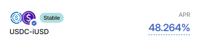 I once or twice did some bleeding due to impermanent loss. So I tend to be carefull with liquidity farming.
But 48% with a stable pair?
I really do like that one <a href="/MinswapDEX/">Minswap Labs</a> 🙌