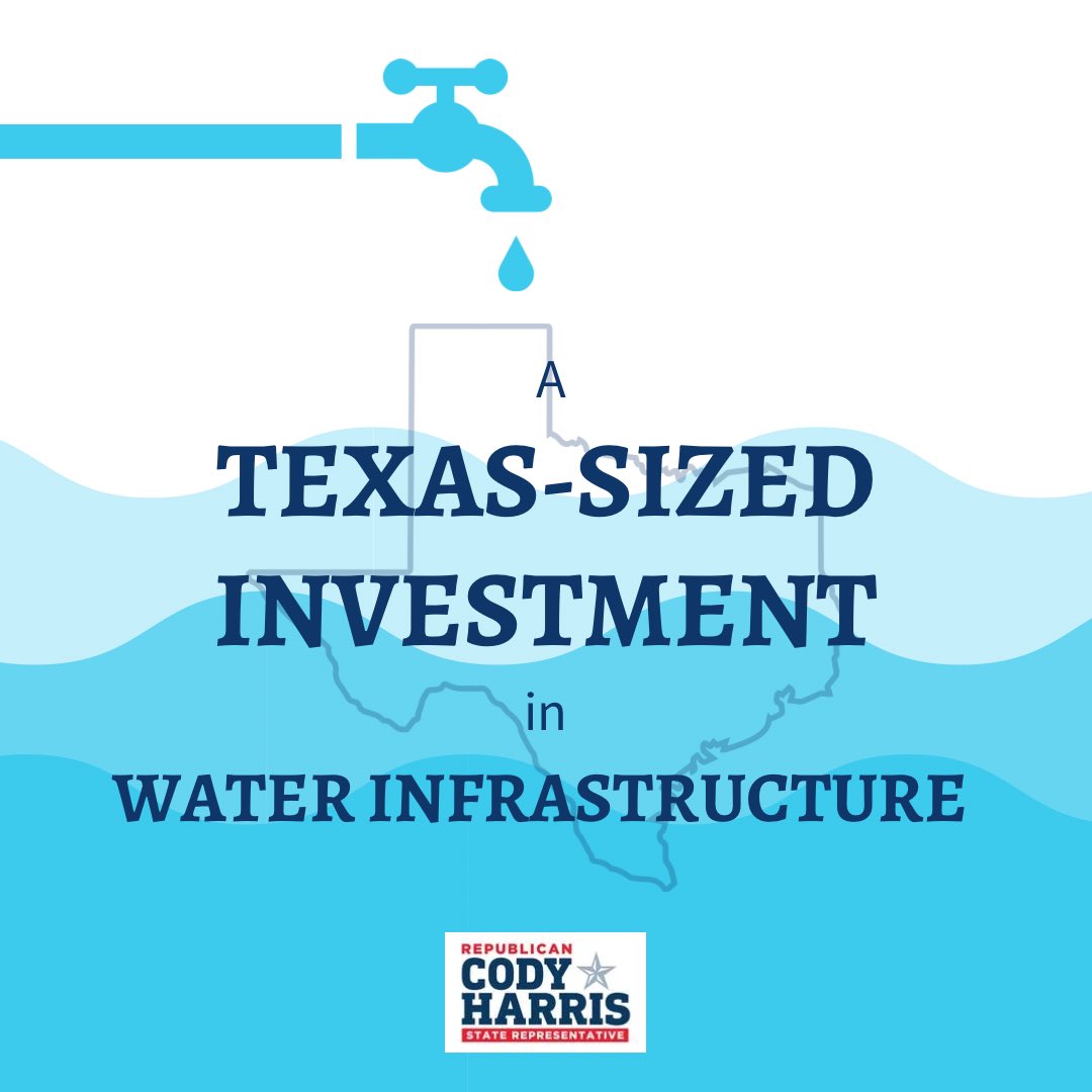 CodyHarrisTX's tweet photo. Texans expect reliable water infrastructure—and right now, we have a $112 billion funding gap over the next 50 years. That’s why I’m proud to author House Bill 16 and House Joint Resolution 7 to create a dedicated, long-term funding stream for Texas’ water future.

Why it matters:
➡️ Expanding water supply for our growing, drought-prone state
➡️ Fixing aging, failing water systems that are becoming a liability
➡️ Creating a sustainable, dedicated revenue source for the Texas Water Fund
➡️ Strengthening legislative oversight & accountability
➡️ Supporting businesses, agriculture, and communities that depend on water every day

Last session, we took a major step forward by creating the Texas Water Fund—approved by 78% of voters. But our work isn’t done. HB 16 expands funding eligibility, prioritizes critical infrastructure repairs, and ensures every dollar is spent wisely. HJR 7 takes it further by proposing a constitutional amendment to dedicate up to $2 billion in sales tax revenue over the biennium to secure Texas’ water future.

The bottom line: Without investment, our state risks water shortages, economic setbacks, and failing utilities. 85% of Texans agree—we need a long-term solution to protect our water supply.

The Texas Economic Miracle depends on strong water infrastructure. Just like roads and highways, we must invest in the foundation that keeps our economy running. Let’s get it done! #txlege