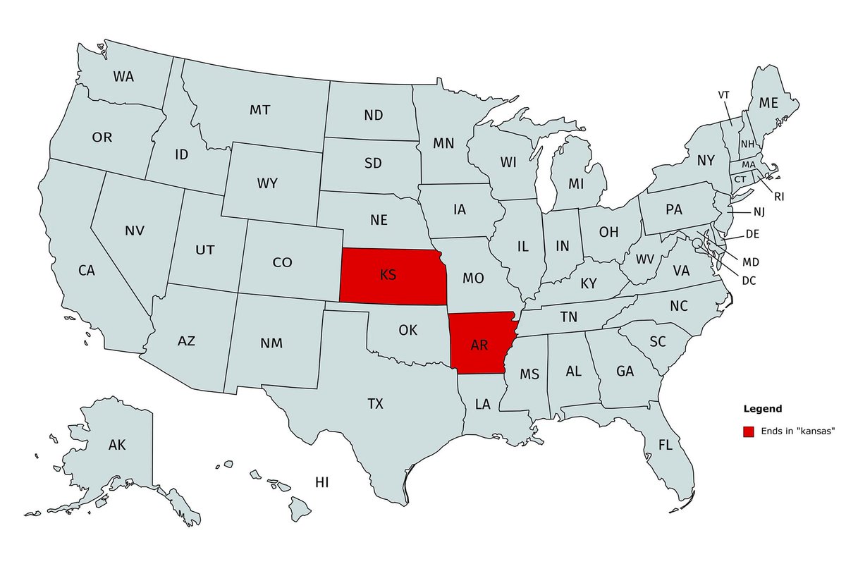 TerribleMaps's tweet image. States that end in Kansas