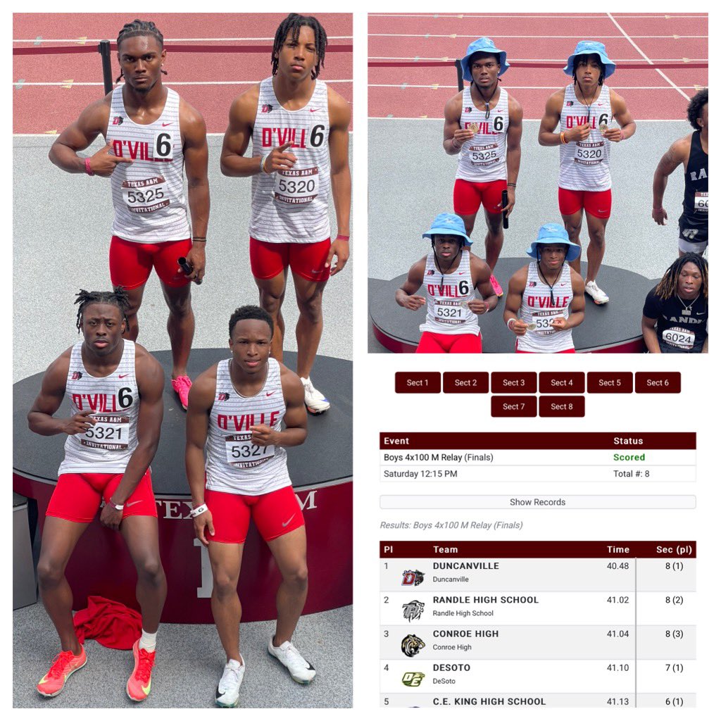 🏆4x100m relay winners @ Bluebonnet HS Invitation 🏆
⏱️: 40.48
🥇: Sr. Brayden Williams, Sr. Jayden Finley, So. Ralph Cullors, Jr. Ayson Theus 
#DuncanvilleFAST #AboveALL #CityofChampions