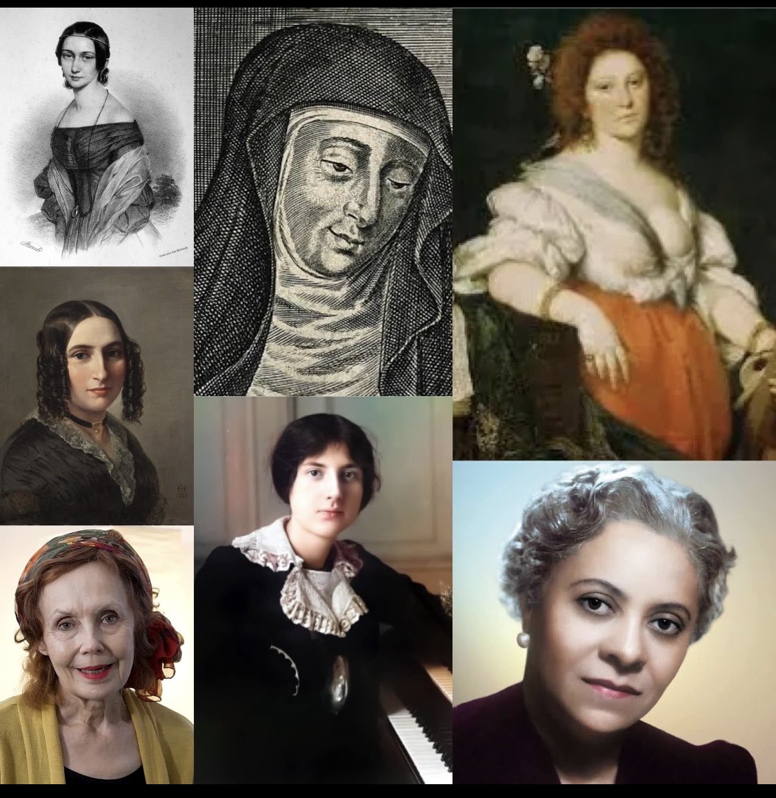 On #internationalwomensday honoring a few wonderful composers: L-R Clara Schumann, Hildegard Von Bingen, Barbara Strozzi, (L) Fanny Mendelssohn, bottom row: Kaija Saariaho, Lili Boulanger, Florence Price.  And there are so many more wonderful contemporary #composers ! #music