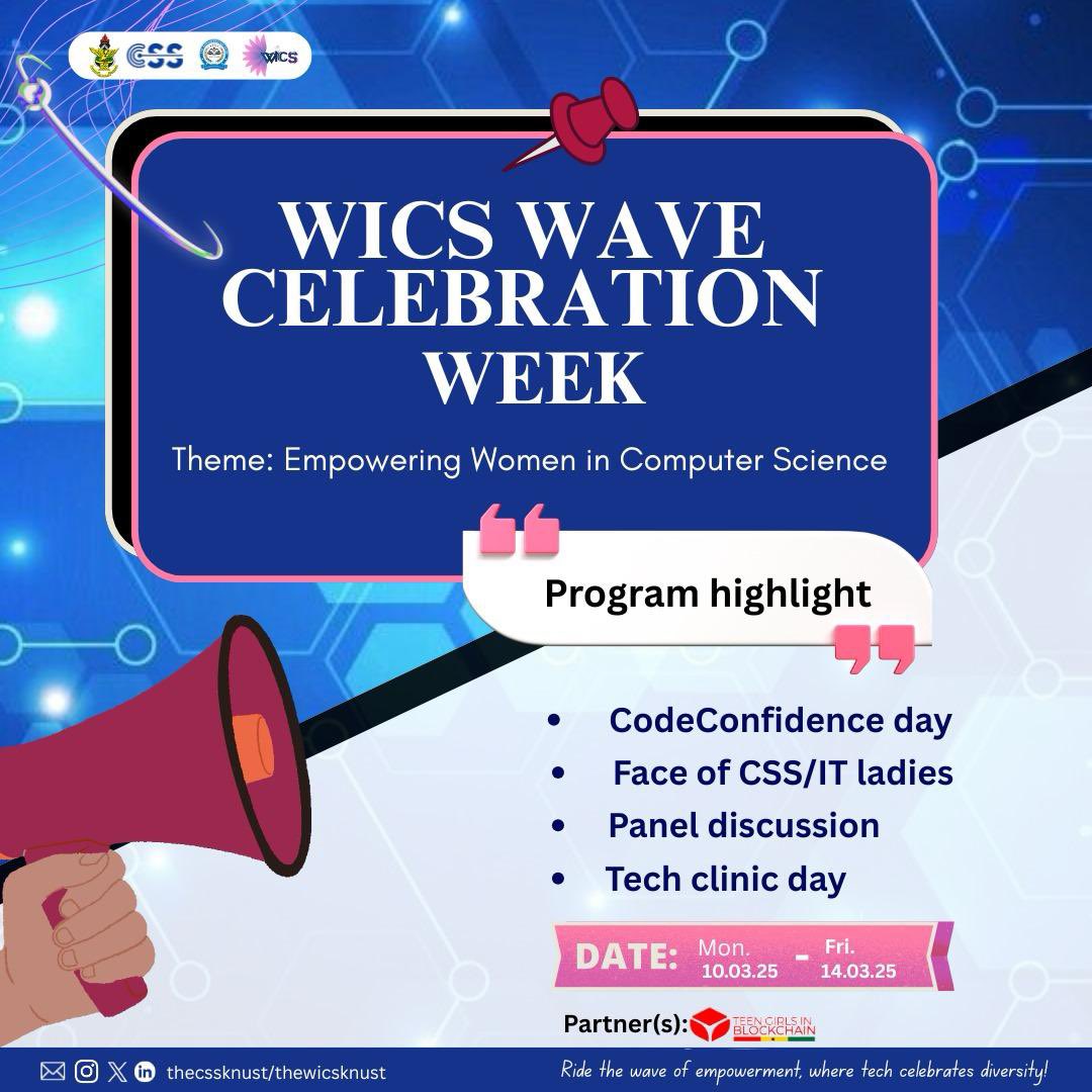 <a href="/wicsknust/">Women In Computer Science</a> Week is almost here! 🎉 From March 10th–14th, join us for exciting events to celebrate and empower women in tech.

What’s Coming Up?
✅ Codefidence Day
✅ Face of CSS/IT
✅ Panel Discussion
✅ Tech Clinic Day

Our female lecturers will be involved too! Don’t miss out!