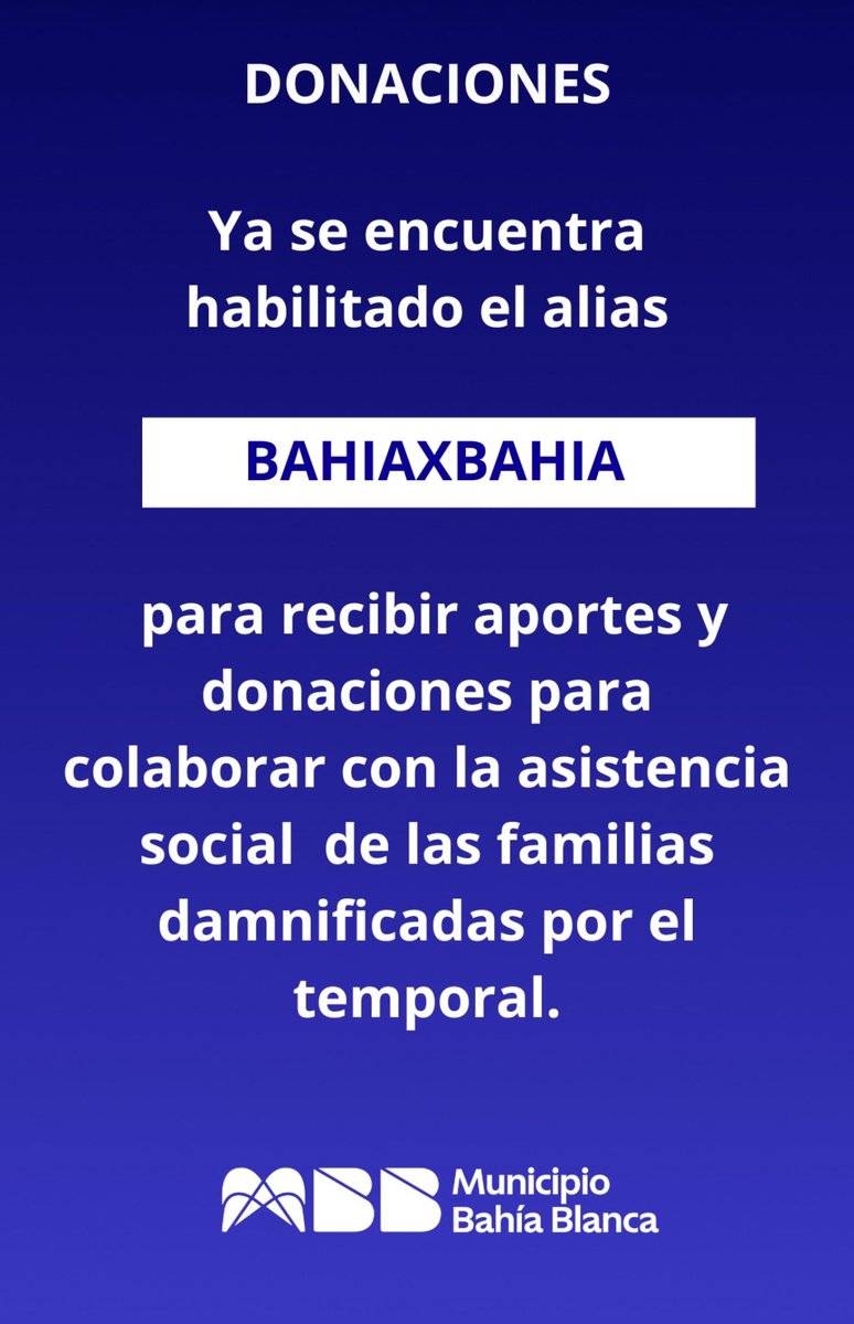 jpmarino79's tweet image. 🚨🚨🚨 TRÁGICO TEMPORAL EN BAHIA BLANCA: ya se encuentra habilitado el alias BAHIAXBAHIA para recibir aportes y donaciones para colaborar con la asistencia social  de las familias damnificadas por el temporal @MunicipioBahia 

🔹 Además, en el Dow Center (Rodríguez 4985) y en el…