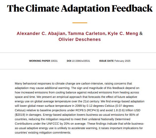 NBER (@nberpubs) on Twitter photo Quantifying the warming feedback caused by climate change adaptation finds that adaptation will lower global mean surface temperature in 2099 by 0.12 degrees Celsius, from <a href="/acabajian/">Alexander Abajian</a>, Tamma Carleton, <a href="/kyle_c_meng/">Kyle Meng</a>, and <a href="/O_Deschenes/">Olivier Deschenes</a> nber.org/papers/w33531 Quantifying the warming feedback caused by climate change adaptation finds that adaptation will lower global mean surface temperature in 2099 by 0.12 degrees Celsius, from <a href="/acabajian/">Alexander Abajian</a>, Tamma Carleton, <a href="/kyle_c_meng/">Kyle Meng</a>, and <a href="/O_Deschenes/">Olivier Deschenes</a> nber.org/papers/w33531