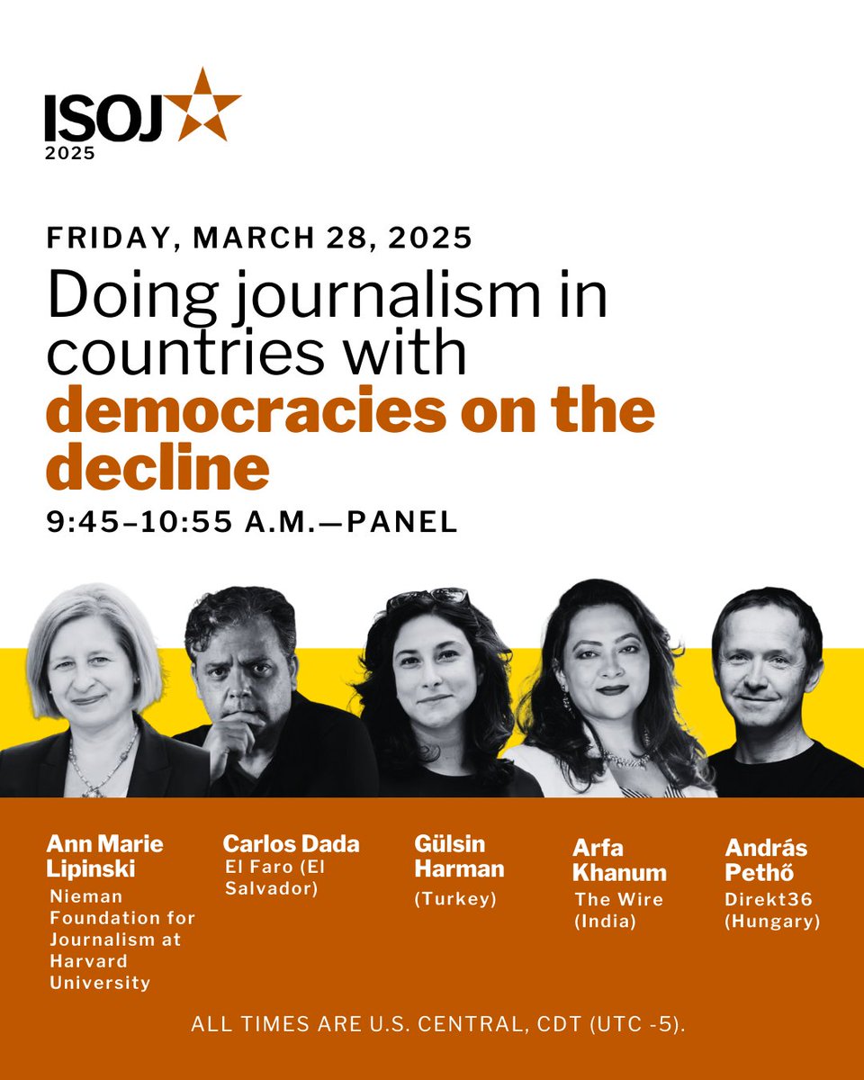 ISOJ (@isoj2025) on Twitter photo Join us at ISOJ 2025 for a panel with <a href="/AMLwhere/">Ann Marie Lipinski</a>, on the challenges journalists face in declining democracies. ✊📰
Hear from:
<a href="/CarlosDada/">Carlos Dada</a>– El Salvador 📰
<a href="/gulsinharman/">Gülsin Harman</a>– Turkey 📰
<a href="/khanumarfa/">Arfa Khanum Sherwani</a>– India 📰
<a href="/andraspe/">Andras Petho</a>– Hungary
Learn more: isoj.org/program-2025/ Join us at ISOJ 2025 for a panel with <a href="/AMLwhere/">Ann Marie Lipinski</a>, on the challenges journalists face in declining democracies. ✊📰
Hear from:
<a href="/CarlosDada/">Carlos Dada</a>– El Salvador 📰
<a href="/gulsinharman/">Gülsin Harman</a>– Turkey 📰
<a href="/khanumarfa/">Arfa Khanum Sherwani</a>– India 📰
<a href="/andraspe/">Andras Petho</a>– Hungary
Learn more: isoj.org/program-2025/